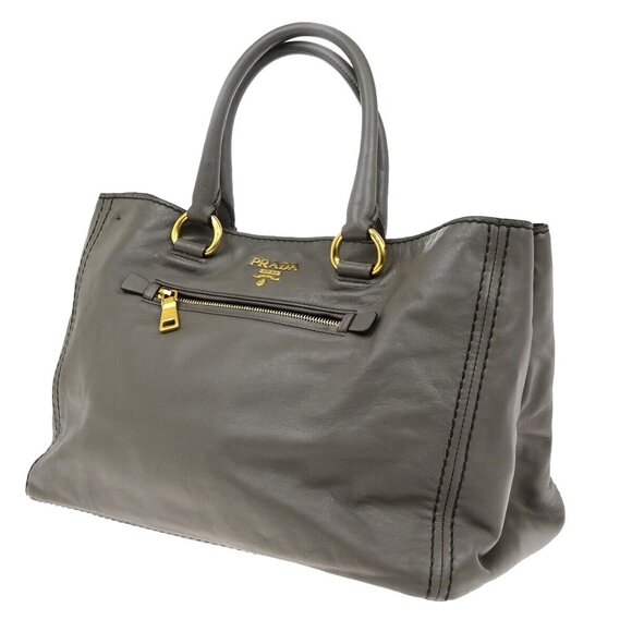 PRADA MILANO Logo Hand Tote Bag Leather Gray Gold-Plated 32FB528 - Picture 1 of 16